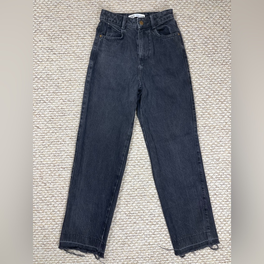 Zara High-Waisted Washed Raw Hem Black Jeans